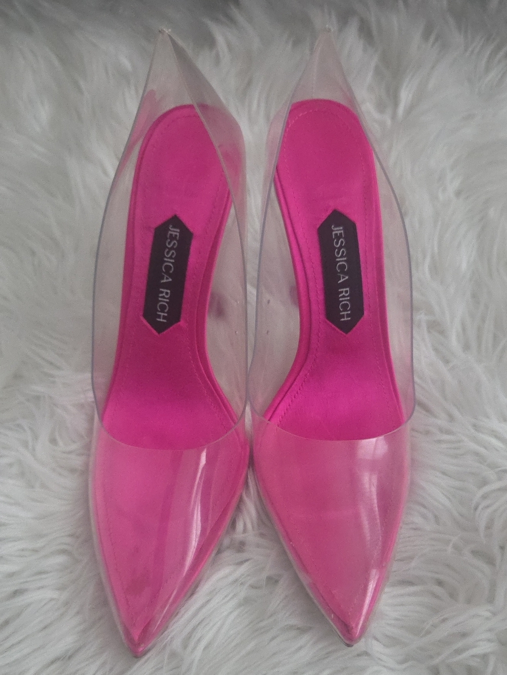 Jessica Rich Clear Pointed Toe Pumps with Hot Pink Insole